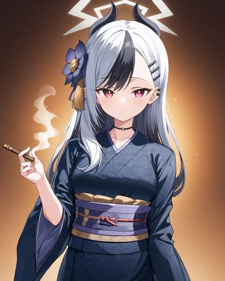 kayoko \(blue archive\),1girl, sarashi, horns, solo, halo, looking_at_viewer, black_choker, hairclip, upper_body, obi, wide_sleeves, official_alternate_costume, ear_piercing, closed_mouth, hair_flower, breasts, smoke, long_sleeves, holding_smoking_pipe, black_kimono, alternate_hairstyle, hair_down
<lora:kayoko_(blue_archive)_image1860_2023-11-28-000012:1>halo. gorgeous,key visual, vibrant, studio anime,award-winning, professional, highly detailed,high budget, cinemascope