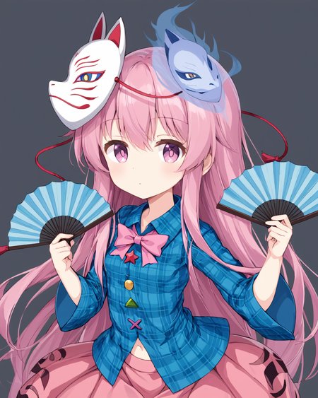 hata no kokoro,1girl, solo, fox_mask, pink_bowtie, looking_at_viewer, plaid_shirt, folding_fan, mask_on_head, long_sleeves, grey_background, holding_fan, expressionless, noh_mask, oni_mask, simple_background, circle, star_\(symbol\), twitter_username, triangle, blue_shirt, tassel, cowboy_shot, small_breasts, aura, dated, x, pink_skirt, closed_mouth
<lora:hata_no_kokoro_image5070_2023-12-20:1>,star-shaped_pupils,symbol-shaped_pupils,. gorgeous,key visual, vibrant, studio anime,award-winning, professional, highly detailed,high budget, cinemascope