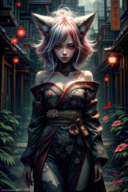 ethereal fantasy concept art of  at distance,cowboy shot,thigh gap,1girl,
<lora:Concept_-_Hella-sthetic_v2:0.7>,
<lora:wrenchsfantasy:0.3>,wrenchsfantasy,fantasy,glowing,glowing eyes,
<lora:Concept_-_More_Details_v1.0:1>,off shoulder,flower kimono,bamboo forest,
multicolored hair,white hair,red hair,red hair tips,red bang,fox ears,kyuubi,fox tail,japanese girl,, intricate, elegant, highly detailed, symmetry, magical atmosphere, sharp focus, majestic, very coherent, radiant, advanced, cinematic, artistic, fine detail, winning, beautiful, stunning, dramatic light, designed, rich deep colors, perfect professional background, ambient, tailored set composition  . magnificent, celestial, ethereal, painterly, epic, majestic, magical, fantasy art, cover art, dreamy