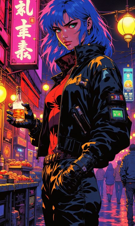 **An 80's anime-style (close-up:1.15) portrait of a well-built caucassian woman** with shoulder-length, tousled cobalt blue hair that glimmers under the light. She is standing in the middle of a bustling neon-lit marketplace at night, surrounded by colorful stalls selling exotic wares and glowing lanterns that hang overhead. She is dressed in a fitted black leather jacket with a high collar, paired with a crimson bodysuit and knee-high black boots. A single fingerless glove on her right hand adds a rebellious touch.
The primary light source comes from a vivid neon sign in vibrant pinks and purples behind her, casting striking highlights on her hair and jacket. A secondary, softer yellow light glows from a nearby lantern, illuminating the sharp contours of her face and adding depth to the scene.
Her pose is confident and relaxed, with one hand resting on her hip while the other holds a small glass bottle with a glowing liquid. Her emerald green eyes lock onto the viewer, her expression sly and full of intrigue. The blurred movement of bustling shoppers and the vibrant mix of neon hues create an electrifying and dynamic backdrop, perfectly complementing her bold and enigmatic presence.
BREAK anime, OBdonman, CAICO