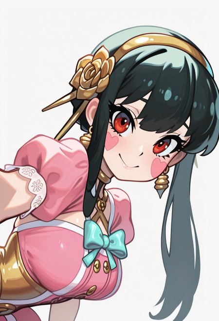 anime, cartoon, shiny skin, shiny, masterpiece, best quality, solo, curvy, beautiful eyes, narrow waist, wide hips, 1girl, solo, smile, looking at viewer, foreshortening, close up,  (leaning forward, eye focus, side view), 
Yor Briar,  Yor Forger, 1girl, black hair, red eyes, short hair with long locks, gold hairband, hair flower, cute outfit, pastel clothes,  puffy short sleeves, 
(upper body), 
[Bubblegum Ballerina], pastel pink tutu skirt, satin ribbon corset, lace-trimmed ballet flats, puffed mesh sleeves, heart-shaped hair clips, glittery blush cheeks, oversized bow headband, candy-shaped earrings, white background,
