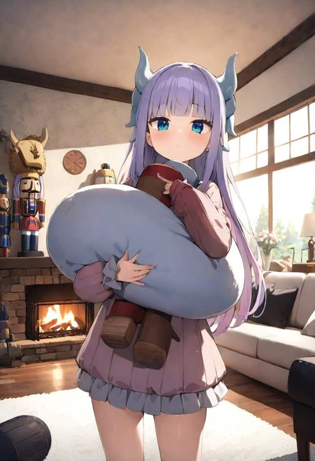 masterpiece, (Best quality:1.2), highres, (scenary:1.2), Dynamic light,, wooden,, living room,, Kanna_Kamui,, long hair, bangs, blue eyes, light purple hair, hair beads, dragon horn, horns,, hugging a big nutcracker, nutcracker doll, fireplace flickering,, white ottoman sofa, standing, fluffy pillows, white carpet, flowers, lights,,