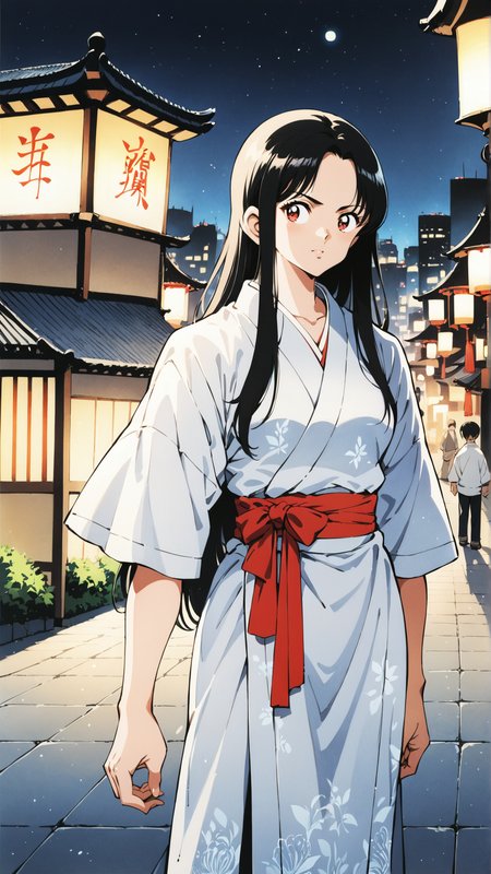 score_9, score_8_up, score_7_up, BREAK   <lora:Adachi_XL_PONY:1>
1girl, long hair, black hair, red eyes, overlooking city, night, cityscape, detailed background, intricate details, highly detailed, ultra detailed, hyper detailed, complex background, lanterns, street, glowing, soft lighting, highres, masterpiece, best quality, anime screencap, traditional clothes, white outfit, standing, confident expression, dynamic pose, serene atmosphere