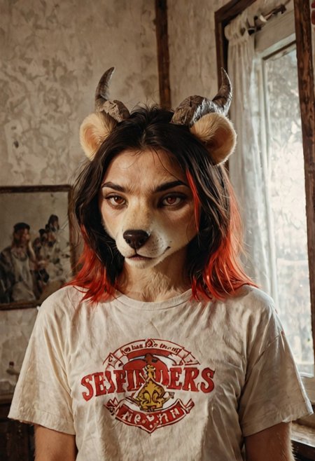 score_9, score_8_up, score_7_up, Vintage photo, 1970s, BREAK, 
Zephira Satanova, (furry:1.4), female, bear ears, short hair, tan fur, black hair, red highlights, red eyes, horns, grey horns, white t-shirt, long hair, soft focus, film grain, retro style, casual vibe, indoor setting, playful mood, casual style, self-assured, vintage sign, cool, casual, fleur-de-lis, diamond, wall decorations, vintage mirror, harsh flash, overexposed highlights, strong shadows