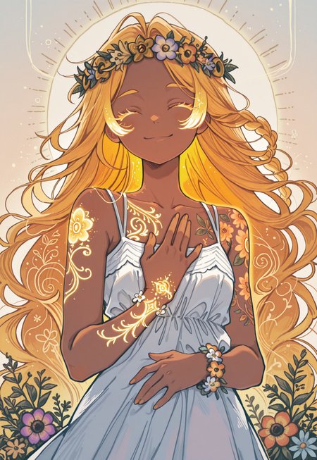 1 girl , very long hair , braided hair , crownbraid ,blond hair , golden hair , glowing hair , white sundress , sleeveless , flower wreath , colorful flower , smile , closed eye , long eyelashes , golden eyelashes , glowing eyelashes , light skin , ((golden tattoo , floral tattoo , flower tattoo)) , flower bracelet , happy , cheerful ,dynamic hair , hand on chest , collarbone , hand on stomach ,

masterpiece ,best quality ,amazing quality, ajnblyst , wasabi_natsume_illu , s0wasow4rt_illu, 