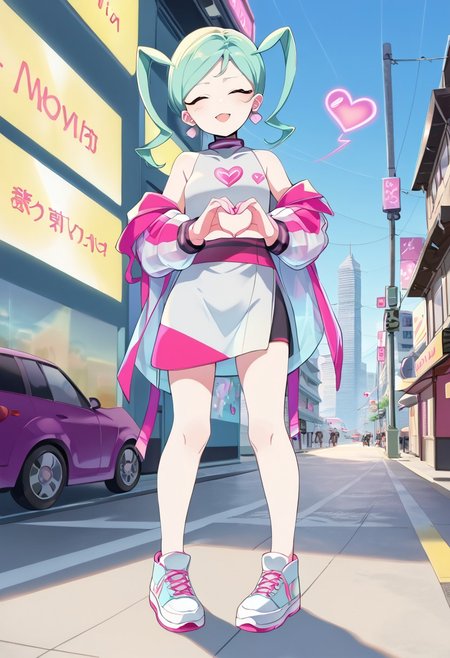 (score_9,score_8_up,score_8), source_anime, (HM_VT_PonyXL:1.5),
looking at viewer, 1girl, standing, legs spreaded, sneakers, 
ct_h34rt, heart hands, green hair, (white earrings),(thin hair, green hair, bangs), bare shoulders,closed eyes,
(outside, city, detailed background:1.2)