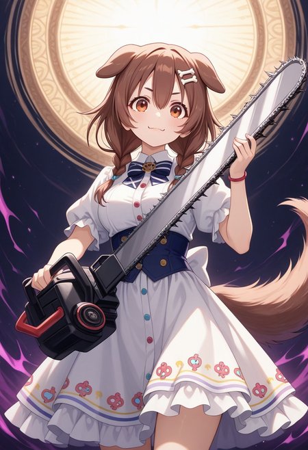 Inugami Korone, classic outfit, holding chainsaw, cowboy shot, High Detail, Perfect Composition, highly detailed, vibrant colour, masterpiece, dynamic
