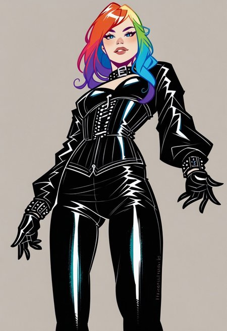 score_9, score_8_up, score_7_up, dutch_angle, from_below, footwear_focus, simple_background.
 BREAK 
A beautiful petite woman in her 20s with a rainbow hair in black leather bodysuit, long sleeves, {cowboy shot, head turned, looking at viewer}, {hair flowing, head tilted}, black rubber gloves, corset, HW_Corset, collar, tight black latex pants, belts, slim body, posing in a rainy street