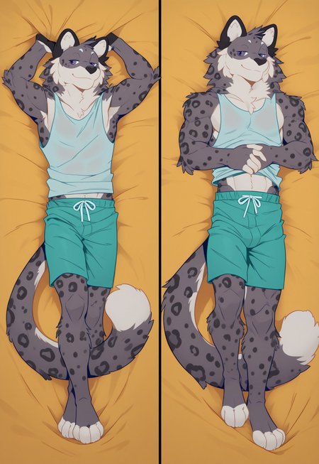 score_9_up, score_8_up, score_7_up, score_6_up, masterpiece, best quality, amazing quality, furry, dakimakura,2 shots in front and behind,full_body,1boy,solo,look at viewer, furry, Devlam in a tank top and shorts on first panel and in 
swimming trunks on the second panel, big muscles, big feline tail, fur