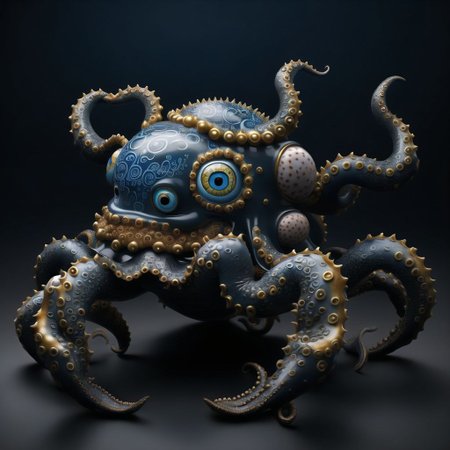 <lora:porcelain_gzhel_black:1.0>, (black  porcelain, Gzhel, rococo:1.0), 

 Octopus - A slimy, eight-legged sea creature with a bulbous head and large, unblinking eyes.