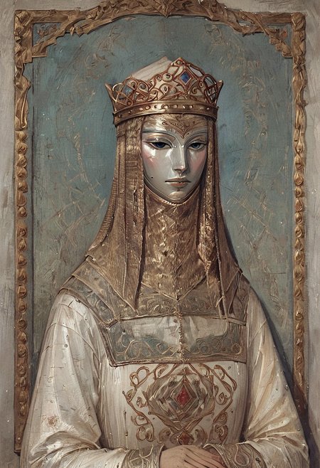 score_9, score_8_up, score_7_up, score_6_up, best quality, highly detailed, intricate details, extremely detailed, masterpiece, 
(solo), tanith, 1girl, white mask, crown, white robe, long sleeves, crest, portrait, painting, detailed background,
