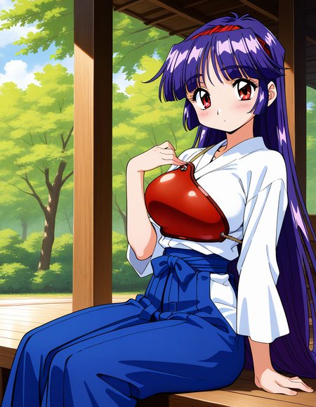 general,highres, ultra-detailed,very aesthetic,best quality ,best hands,  BREAK  <lora:Shiraishi_Yumiko_IS:1>ShiraishiYumiko, long hair, red eyes, red hairband, purple hair, large breasts, blunt bangs,
 1girl, solo, japanese clothes, skirt, hakama, blue hair, red muneate, hakama skirt, blush, outdoors, looking at viewer, blue hakama