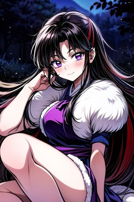 masterpiece,  best quality 1girl Setsun4 solo long hair,  (night time) forest background black hair very long hair purple eyes multicolored hair armor (fur trim) (medium body),<lora:EMS-179-EMS:0.800000>,<lora:EMS-293862-EMS:0.800000> bow, hair_bow, hair_tubes, red_bow, brown_hair, long_hair, bangs, ascot, frilled_bow, yellow_ascot, blush, smile, hair_between_eyes, athletic, armor, miko