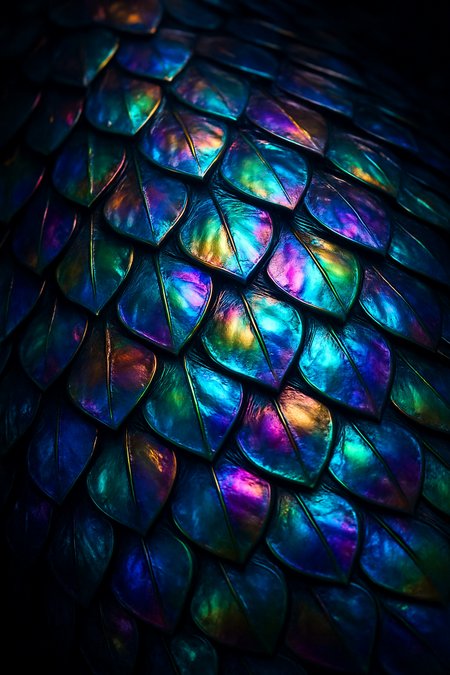 A hyper-detailed, ultra-realistic close-up of dragon scales arranged in a symmetrical, overlapping pattern. The scales are glossy, with a pearlescent rainbow sheen that reflects light in vibrant colors—blue, green, pink, purple, and gold. The texture is slightly raised and curved, with a natural, organic flow. The lighting is dramatic, emphasizing the reflective surfaces and giving the image depth and three-dimensionality. Background is dark to highlight the luminous effect of the scales. No text, no creatures—just the texture pattern.