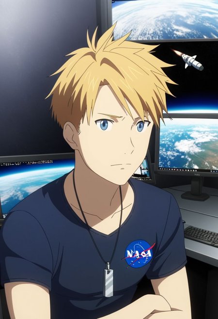 high resolution, professional photography, best quality, 1Boy, Yamato Ishida, blond hair, deep blue eyes, necklace, rocket engineer, nasa, OverallDetail
