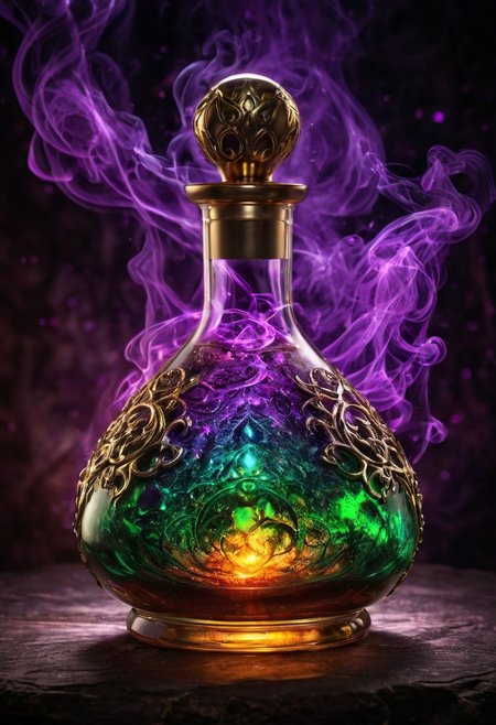 Score_9, Score_8, high_def, highest quality, 4k, best quality, masterpiece, focused, defined, Photorealistic magic potion, intricate glass bottle, elixir, vibrant purple and green colors, blazing with fiery intensity, ethereal light, wax seal, radiant golden highlights, magic lights, luminous, dynamic reflections, magical aura, highly detailed, fantasy essence, glowing ember-like particles, radiant aura, with streaks of molten orange and shimmering metallic accents, evoking a sense of epic power and grandeur