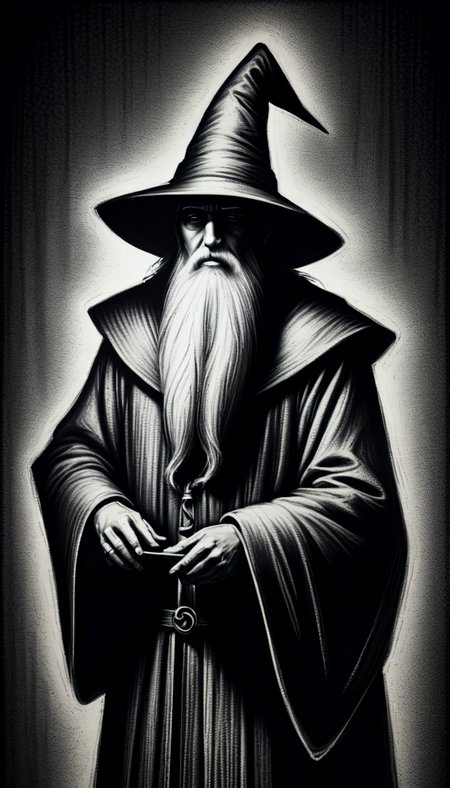 monochrome greyscale noise grainy dirty charcoal drawing of <lora:CharcoalDarkStyleXL:1>CharcoalDarkStyle wizard dark black background black vignette