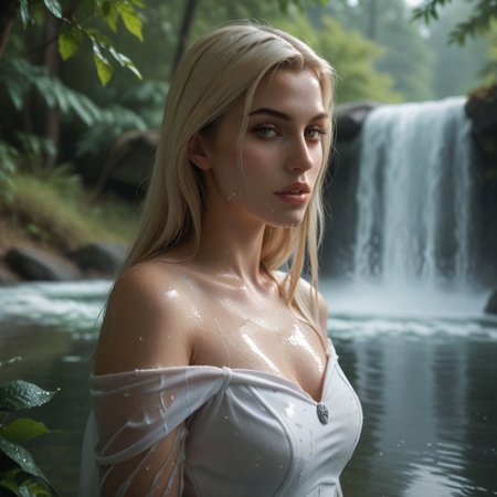 score_9, score_8_up, score_7_up,1girl, Emma frost, sexy, upper body, back, looking at viewer, self-hugging, wet sexy dress, parted lips, in water, small water fountain, in the middle of the forest, fog, morning,