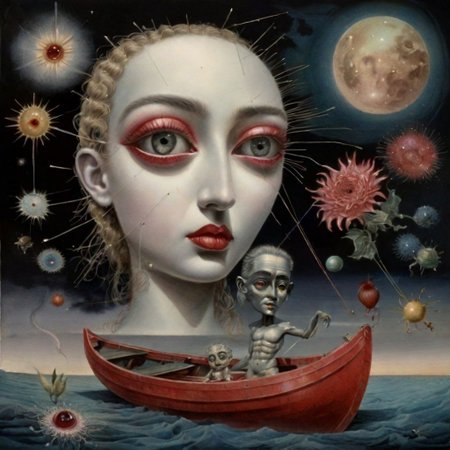 watercolor of a summerscape sunset,with   Pepita  a red dada and a dede hat, holding a large dada that shields  fairytale landscape, hyperrealism, micro-details, surreal, detailing, transparent watercolor+ink, pastel shades, clear outline, stardust, incredible beautiful landscape, dark botanical,dark fantasy,multicolor,multilayer, 3d, threads, fibers, engraving, color illustration, star map, moon, volumetric, unusual fluffy flowers"couple with a  man, a bright white face, and women dark black face with red eyes looking straight at you in a boat More surrealism and madness.much more surrealism and crazy designs. With gold and cardinal red surreal Salvador Dali clouds coming out of her head.more surrealism and bizarre designs with bright vibrant colours.