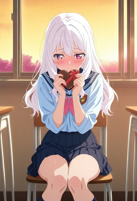 anime coloring,anime screencap
,masterpiece, best quality, newest, absurdres, CG, anime
,dynamic angle,from front view
, classroom,evening,back window,back light
valentines, woman, heart, ultra high res, beautiful, visually stunning,
,white hair,long hair,young,1girl,solo,cute girl,
,holding chocolate,Heart-shaped chocolate,valentines
,Presents for you
,sitting,knees together
,blush,embarrassed
,school uniform