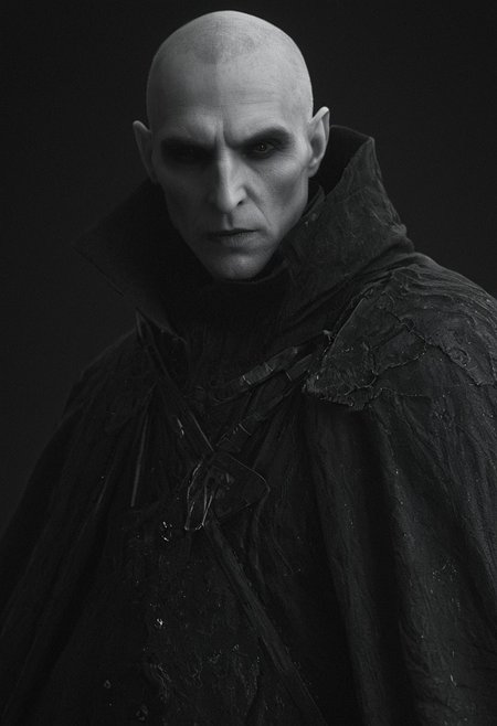 Lenticular, DARK, Low Angle View,. a hkstyle woman with vampire lord nosferatu and a outworn detailed old high collar cyberpunk Samurai jacket, Large linen cape ,surrounded by a detailed monochrome spacescape with translucent dark-amber Highlights, hyper-detailed, sharp, high resolution, high quality, 32K, Ultra realistic, HD, super detailed, line art, abstract style
