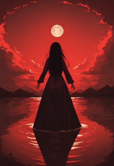 , 1girl, solo, red theme, sky,  cloud, red sky, long hair, water, silhouette, dress, ripples, standing, cloudy sky, moon, outdoors, from behind, horizon, outstretched arms, reflection, night, long dress, ocean,, zPDXL3, detailxl,  Score_PnyReal, (lineless:1.5)