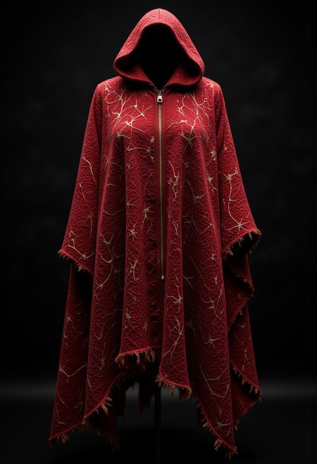 A tattered cloak of deep crimson, embroidered with golden threads that form shifting constellations, their positions never quite the same. The edges are frayed, but the fabric never fully tears, as if refusing to succumb to time. When worn, it flutters in wind that isn’t there, moving like a living entity. Under the moonlight, the stars stitched into the fabric glow faintly, pulsating as if tracking celestial movements unseen by mortal eyes.
   , aidmamjv7, aidmaHyperrealism, aidmaimageupgrader