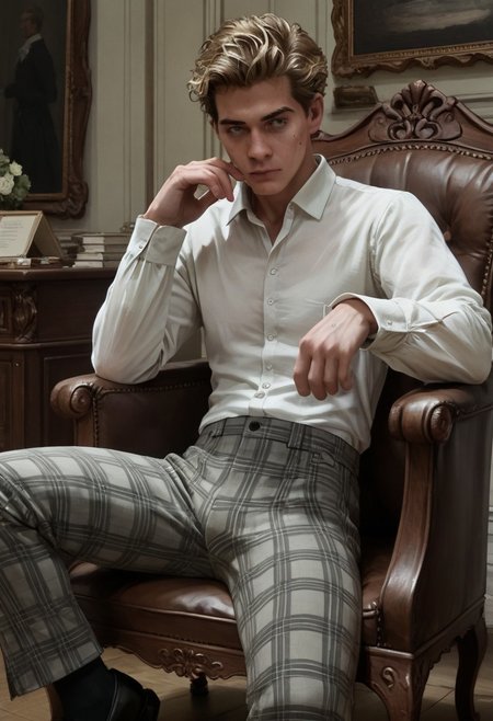 score_9, score_8_up, score_7_up, illustration,ponygaunt, blonde hair, short hair, blind eyes, mole under eye, messy hair, pectorals, busy undressing, white shirt, plaid trousers, candid, perfect face, pubic hair, slim, full body, black socks, victorian boudoir, sitting on a chair