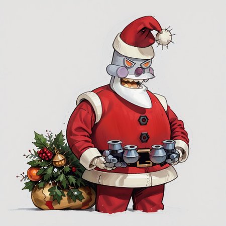 score_9, score_8_up, score_7_up, score_6_up, rating_safe,
r0b0t_s4nta_c1aus, solo, santa hat, santa_costume, pants,  christmas headwear, christmas clothing, solo, laughing manically, handing bombs out disguised as presents,
simple background,