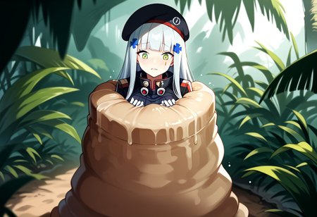 NSFW, looking down, masterpiece, best quality, amazing quality, very aesthetic, score_9,score_8_up, score_7_up, score_6_up, BREAK, official art, solo, outdoors, upper body, (portrait:1.5), looking at viewer, facing viewer, blush, hk416 (girls' frontline), hat,beret, black headwear, very long hair, white hair, x hair ornament, sidelocks, blunt bangs, green eyes, facial mark, teardrop, military jacket, purple jacket, clothes writing, uniform, white gloves, long sleeves, black sleeve, german flag, large breasts, skindentation, <lora:HK416(gf)-Pony:1.3>, (score_9, score_8_up, score_7_up, score_6_up, score_5_up, score_4_up), source_anime,<lora:vore_lower_body-2:1>, slime creature, restrained, vore, Like like, monster, <lora:Like like illus:1>, arms out, arms down, Creature massaging her, (jungle:1.2), (blushing), looking down, palmtree blurry background depth of field, (from above:1.3),
