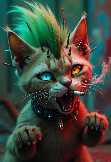 Extreme close-up of a rebellious punk rock cat, snarling with attitude. Shaggy paws.  Vibrant green mohawk standing tall, each spike meticulously detailed. Pierced ears adorned with multiple silver rings. Intense, mismatched eyes - one electric blue, one fiery amber. Whiskers adorned with tiny safety pins. Furry paws, furry toes. Worn leather collar studded with chrome spikes. Background hints at a graffiti-covered alley. Hyper-realistic fur texture, capturing individual strands and subtle color variations. Dramatic side lighting accentuates the mohawk and facial features.