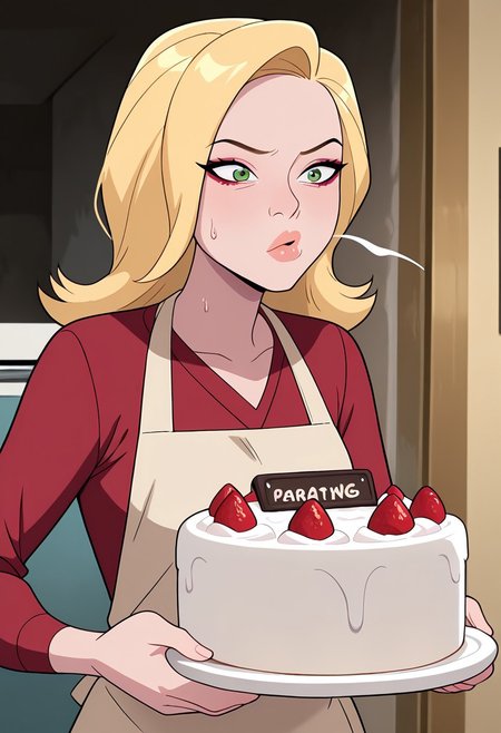 masterpiece, best quality, amazing quality, very aesthetic, absurdres, newest, ((screencap, parody, cartoon))
sandraten, blonde hair, 1girl, green eyes, lips, red shirt, long sleeves, makeup, v-neck
baking cake, mittens, apron, blowing, sweating, wedding cake,
