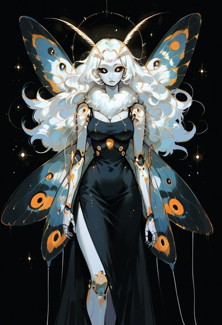 score_9, score_8_up, score_7_up, score_6_up, score_5_up, wat, 1girl, solo, black background, golden eyes, white skin, looking at viewer, g0ldl34f, abstract, curvy, busty, starry sky, long hair, black dress, 1r1d3sc3nc3, moth, monster girl, wings, arthropod girl, extra eyes, black sclera, antennae, wires, cybernetics, metallic arms