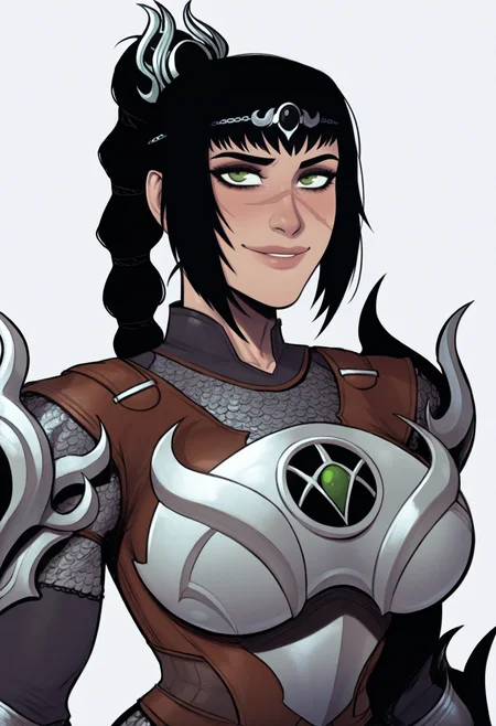 devilhs,
best quality, amazing quality, very aesthetic, absurdres,
1girl, solo, shadowheart, black hair, braided ponytail, green eyes, scar on face, circlet, armor, large breasts,
horny smile, looking at viewer, upper body, simple background, white background   <lora:ShadowHeartIllustrious_byKonan:0.8>    <lora:DevilHSIllustriousXL_byKonan:1>