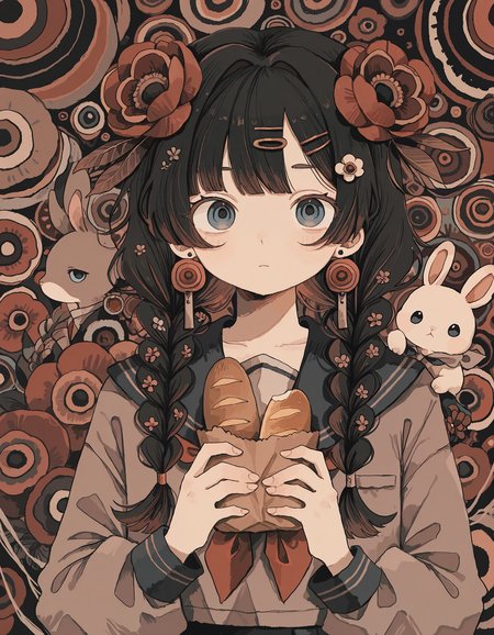 masterpiece,  best quality, newest, highres, absurdres, <lora:wasabi_natsume_style_r1:1>,wasabi_natsume_illu,abstract,surreal,  1girl, hair ornament, flower, braid, food, long hair, holding, rabbit, bangs, solo, long sleeves, looking at viewer, sailor collar, blue eyes, jewelry, earrings, upper body, hairclip, bread, twin braids
