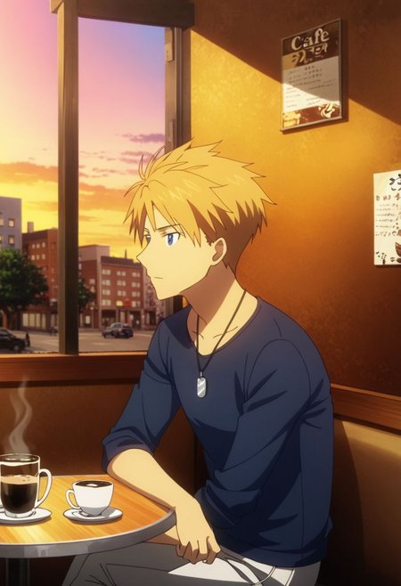high resolution, professional photography, best quality, 1Boy, Yamato Ishida, blond hair, deep blue eyes, necklace, cafe, corner, sit, soffa, casual outfit, coffee, waiting, warm building, sunset, OverallDetail