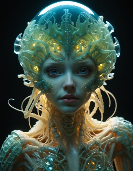 by Abigail Larson and Kathryn Morris Trotter, hyper realistic full view photo of  a (bioengineered creature with glowing bioluminescent patterns, blending organic and technological elements:1.1),  (sad , sparkling , dangerous , adorable , masterful:1.4), bold lines, hyper detailed, award winning, limited color palette, high contrast, depth of field, (intricate details, masterpiece, best quality:1.4)
dramatic cinematic lighting, film grain, looking at viewer, dynamic pose, wide angle panoramic view,
<lora:add-detail-xl:0.5> <lora:xl_more_art-full_v1:0.5> <lora:looking_at_viewer:2>