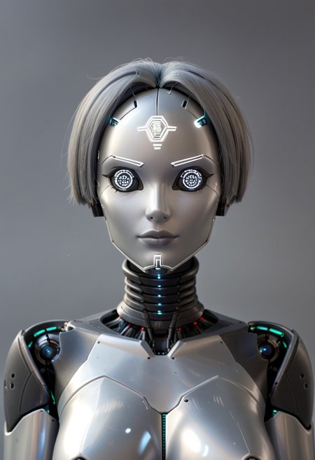 A 35mm photo of a beautiful robotic woman, she has a faceless robotic head, robot, metallic grey hair, smooth metallic featureless feminine body, metallic dark grey skin, long grey hair, dark grey mechanical eyes that don't glow
no face