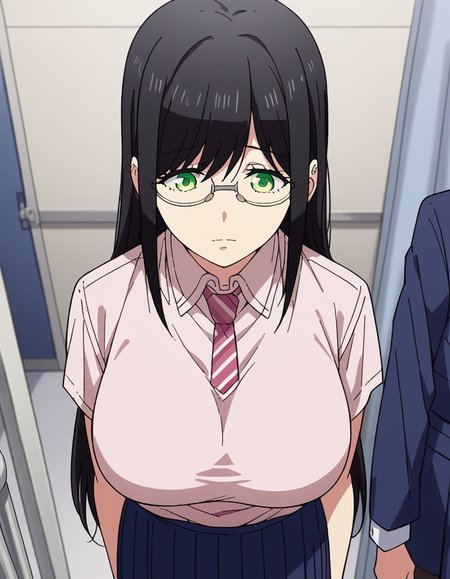 score_9, score_8_up, score_7_up, source_anime, <lora:yuzuki-hanyuu-s1-ponyxl-lora-nochekaiser:1>, yuzuki hanyuu, long hair, black hair, green eyes, glasses, huge breasts,, skirt, shirt, white shirt, pantyhose, necktie, collared shirt, pants, blue skirt, pink shirt, hospital room, bedside, get well flowers, comforting, quiet, , , from above,, solo,, dutch angle, cowboy shot
