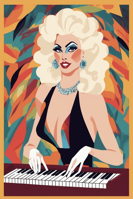 Josh Agle Style - a blonde drag queen in a big wig playing piano and singing. In the style of Josh agle.