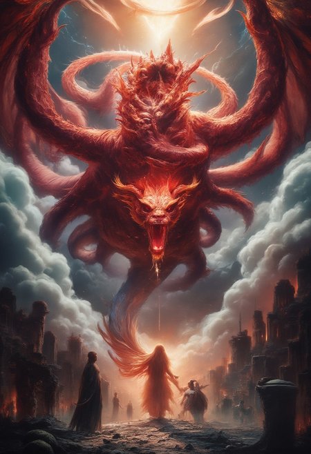 A massive, fiery red dragon, its seven crowned heads twisting in different directions, eyes burning with malice. Its ten jagged horns glisten with an eerie glow, while its wings stretch wide, blotting out the storm-filled sky. The air trembles as its enormous, serpentine tail lashes through the heavens, scattering celestial fragments like falling stars.
Surrounded by shattered ruins and swirling storms, the dragon looms over a mystical, radiant woman, its fanged maw open as if ready to strike. In the heavens, angelic warriors wielding blazing swords descend, their armor reflecting divine light as they charge against the ancient beast.
The dragon’s presence distorts reality—a swirling maelstrom of fire and shadow, its scales shimmering between the realms of existence. Thunder rumbles as the battle between light and darkness unfolds, an apocalyptic clash of cosmic forces.
Ultra-detailed, high fantasy, dark biblical mythology, cinematic lighting, hyper-realistic textures, divine vs. demonic contrast, epic celestial battle. dragon with seven heads.