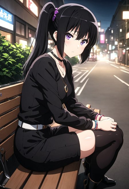 masterpiece, best quality, ultra detailed, highres, 4k, (ultra-detailed:1.4) (illustration:0.5), (ray tracing, :0.8), (anime colored:0.7), (ai-generated:0.5), 1girl, solo, shy, blushing, <lora:kousakareina3.1XL1:1.0>, black hair, sideponytail, purple eyes, black shirt, black short pants, black thighhigh, necklace, neck bracelet, black high heels boots, looking at viewer, street, night, sitting on bench, from side, 
<lora:euphoniumcharacterXL1:1>, euphoniumcharacter, kousakareina