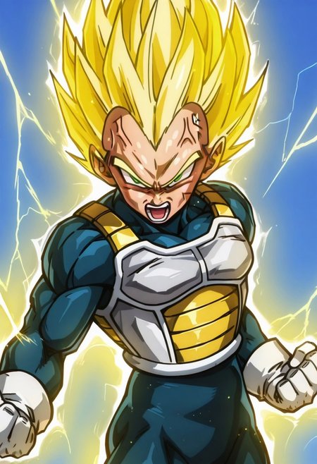 masterpiece, best quality, solo, yellow aura, solo, looking at viewer, open mouth, blonde hair, gloves, 1boy, green eyes, male focus, white gloves, armor, bodysuit, muscular, blue background, facial mark, spiked hair, anger vein, angry, clenched hands, veins, aura, super saiyan, saiyan armor, vegeta,   lightning,