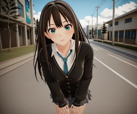 masterpiece, best quality, amazing quality, , 1girl, solo, looking at viewer, shibuya rin, cardigan, shirt, skirt,  outdoors,   <lora:New Kizuna AI ILL-v2:1> newkizunaai, 3d,