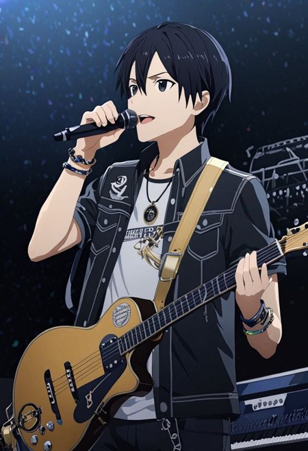 high resolution, professional photography, best quality, 1Boy, Kirigaya Kazuto, Black Hair, Black Eyes, idol, singing, potrait, dept of field, virtual concert, musical instrument, playing musical instrument, necklace, bracelet, sneakers, overalldetail