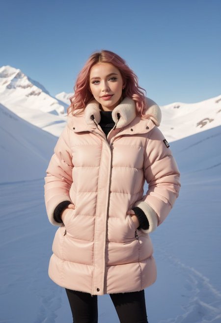 white Oversized shearling padded down jacket, white Oversized shearling padded puffer jacket, white Oversized shearling padded down coat, white Oversized shearling padded puffer coat, Oversized shearling padded winter clothes, very very cold, realistic, feet out of frame, standing, walking, 1girl, solo, masterpiece, illustration, beautiful detailed sky, beautiful-detailed eyes, eyeliner, eyelashes, arrogant, half-closed eyes, condescending look, condescending satisfied look, condescending light smile, seductive look, lookng at viewer, cinematic light, ultra detailed, disheveled hair, pink hair, long hair, light blue eyes, curly hair, pink choker, bracelet, wet, day, sky, sunlight, (pressure sherpa cuffs:1.8), (pressure sherpa collar:1.8), (Thick padded cuffs:1.4), (Thick padded collar:1.4), <lora:Collar-SDXL:0.75>, <lora:Cuffs-SDXL:0.75>, <lora:fashion_lora:0.6>