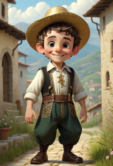 (((masterpiece:1.7))), (((randomly picked cute male child_1.8))), (smiling and happy:1.5),  (full-body shot:2), (traditional male costume of Calabria from Arbereshe Community), filigree, 8k, cartoon digital illustration, cute big pixar reflective eyes, unreal engine cinematic smooth, dreamlike, intricate detail, oil on canvas by Mark Ryden, golden ratio, perfect composition, UE5, trending on artstation and cgsociety, soft natural volumetric cinematic perfect light, award-winning photograph, by Anno1313 art style, --chaos