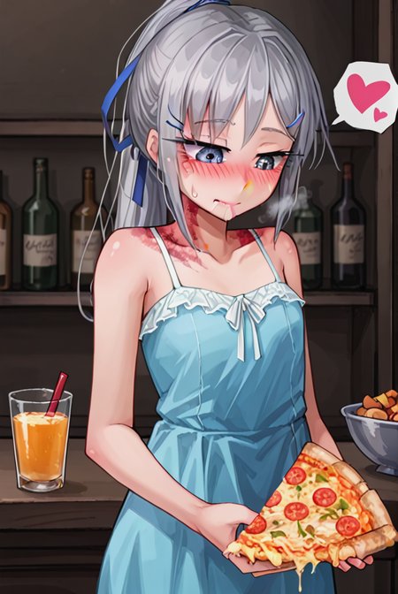score 9,score 8 up,score 7 up,rating questionable,detailed background,aroused,cinematic lighting,dynamic lighting,uncensored,
,sylvie <lora:sylvie.pony:1>
steaming body,sensual,alluring,sweatdrop,heavy breathing,(spoken heart),silver hair, ponytail,blue ribbon, 
blue-dress,sleeveless, 
hud_e4ting,holding pizza slice,holding food,eating,<lora:eating_slice_of_pizza:0.6>,closed mouth, 
Intimate Portuguese Fado Bar,softly glowing lanterns and flickering candles,saliva,half-closed eyes, looking down,
