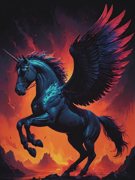 impactful color paint of Beautiful pegasus, flying horse with large wings and feathers. Dark pegasus with a horn. Painting, concept art, cinematic light, background, wallpaper, illustration,  <lora:Bold_Pop:0.6> ...........  highly detailed, vibrant colors , 8k, sharp, professional, clear, high contrast, high saturated, , vivid deep blacks, crystal clear
