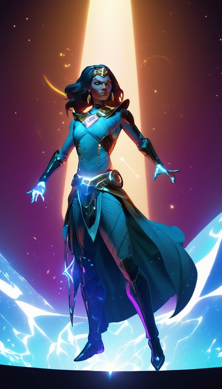 hologram of Cinematic scene, hero view, d4s sorceress, action pose, detailed background, masterpiece, best quality, high quality, absurdres <lora:diablo_4_sorceress_v0.0.2:1> floating in space, a vibrant digital illustration, dribbble, quantum wavetracing, black background, behance hd